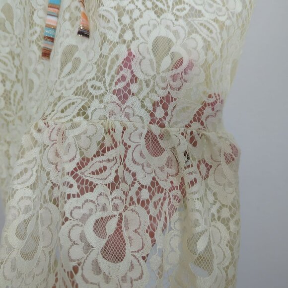 Arty Blush‎ Lace Boho Tunic Flutter ruffle short sleeve Beige Bohemian Gypsy S/M - Picture 4 of 14